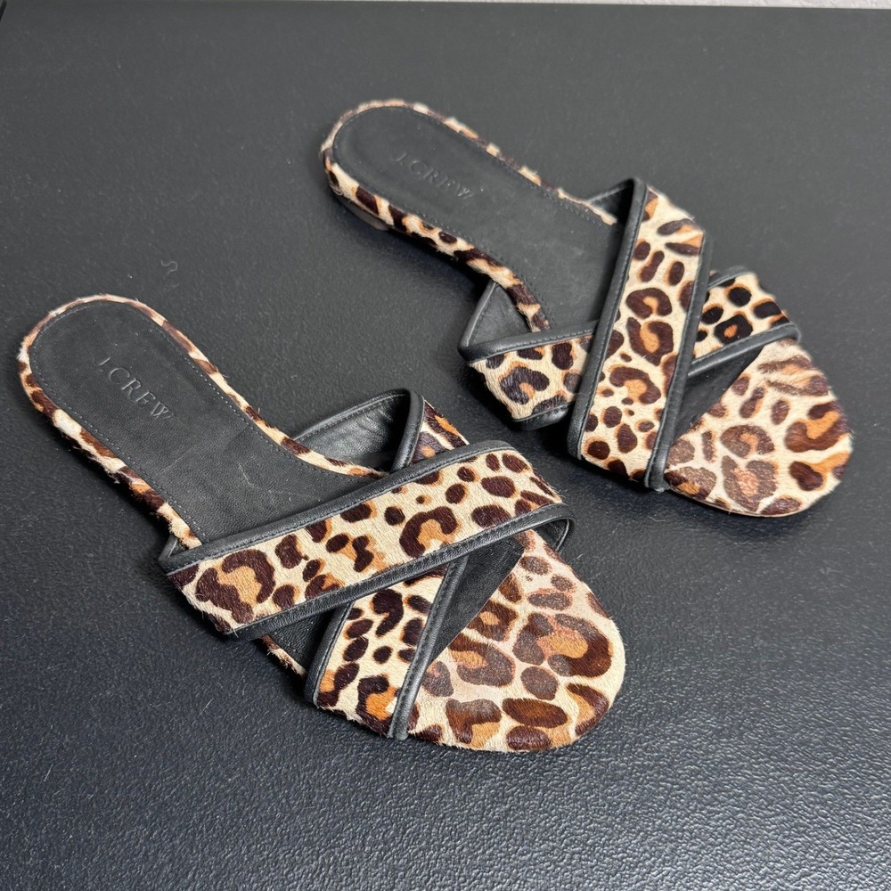J.Crew Cora Leopard Print Calf Hair Crisscross Slide Sandals H8778 Womens‎ 7.5